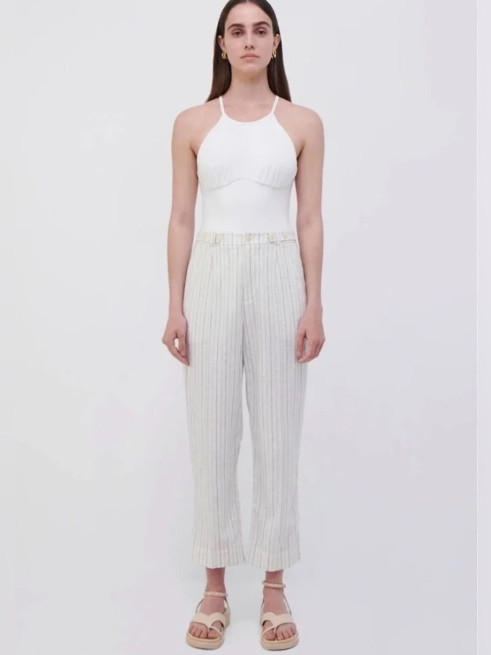 Jonathan Simkhai White Atlas Striped Linen Cropped Pants